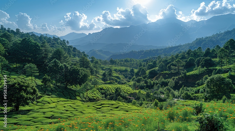 Fototapeta premium A lush green valley with a mountain range in the background