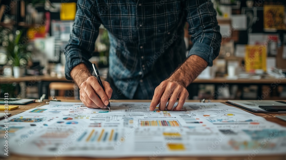 A man focuses on writing and analyzing business charts and data in a modern office, highlighting planning and strategy. A man focuses on writing and analyzing business charts and data in a modern office, highlighting planning and strategy.