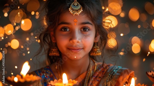 A young girl wearing a gold and blue sari is holding a lit candle