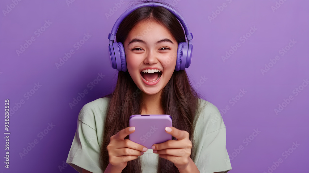 Asian young woman in a jean jacket, excitedly playing video games with a joystick, wearing headphones, violet background, isolated. Asian young woman in a jean jacket, excitedly playing video games with a joystick, wearing headphones, violet background, isolated.