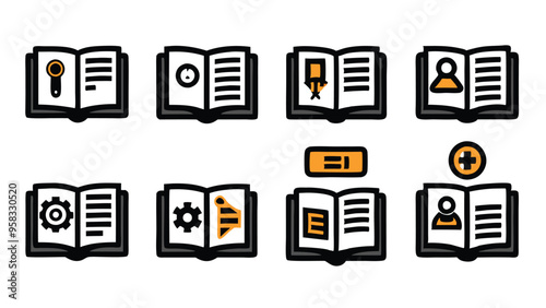 Set of user manual instruction icons in vector format, featuring various symbols such as a wrench, a clock, a pencil, a user profile, a gear, and a volume control.