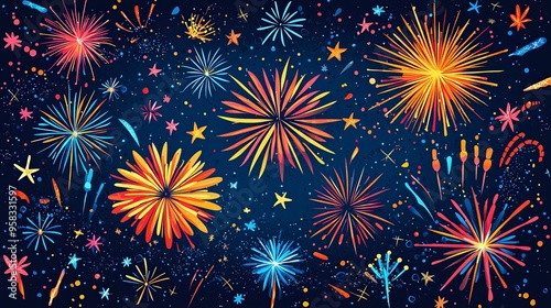 An array of colorful fireworks explodes against a starry night sky, forming various shapes and patterns. The display showcases the exuberant celebration and artistic beauty of pyrotechnics.