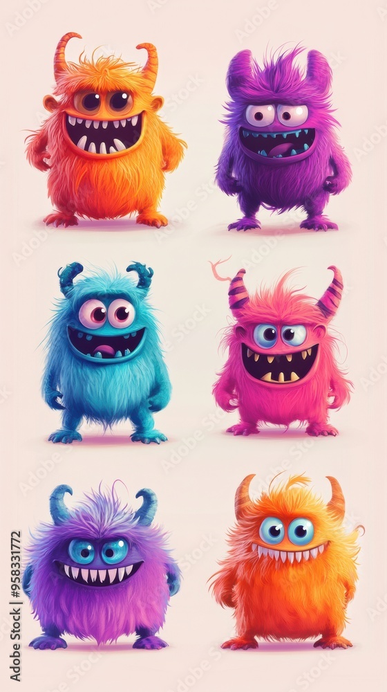 A bunch of different colored monsters on a white background A bunch of different colored monsters on a white background