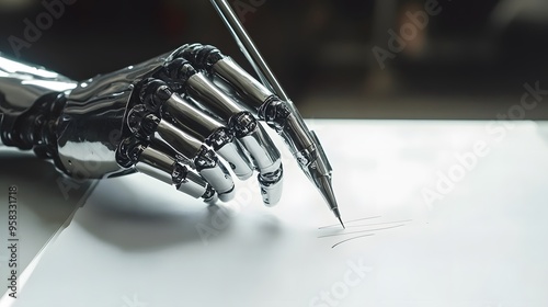 Artistic robot hand with a brushed silver finish, writing on a large, blank paper on a minimalist white table, gentle, diffuse lighting with a serene atmosphere, artistic and modern mood