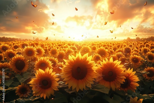 sunflower field at golden hour with towering flowers creating a labyrinthlike pattern floating seed pods and butterflies add a touch of whimsy to the warm sundrenched scene photo