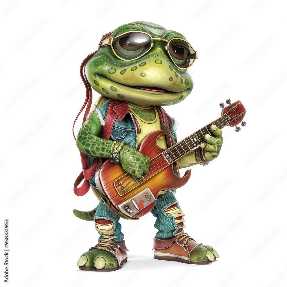 Naklejka premium Cool Turtle Playing Electric Guitar in Sunglasses