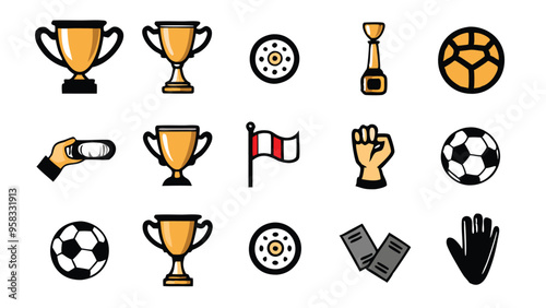 Doodle style seamless pattern featuring various soccer-related elements like soccer balls, trophies, flags, and tickets.