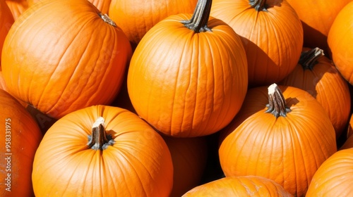 A group of pumpkins of varying sizes stacked together