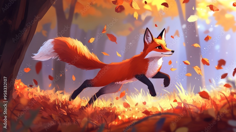 A detailed illustration of a fox running through a pile of leaves A detailed illustration of a fox running through a pile of leaves