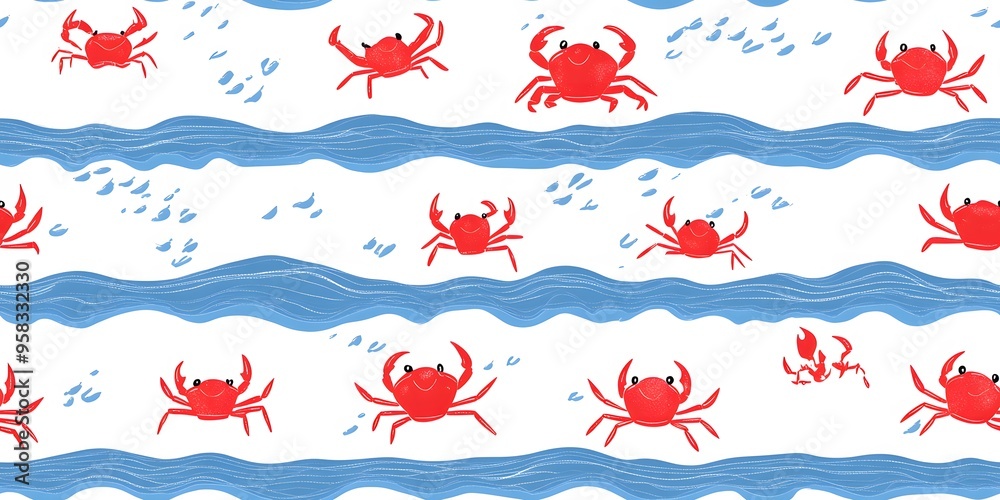 Seamless pattern of red crabs on a background of blue Seamless pattern of red crabs on a background of blue