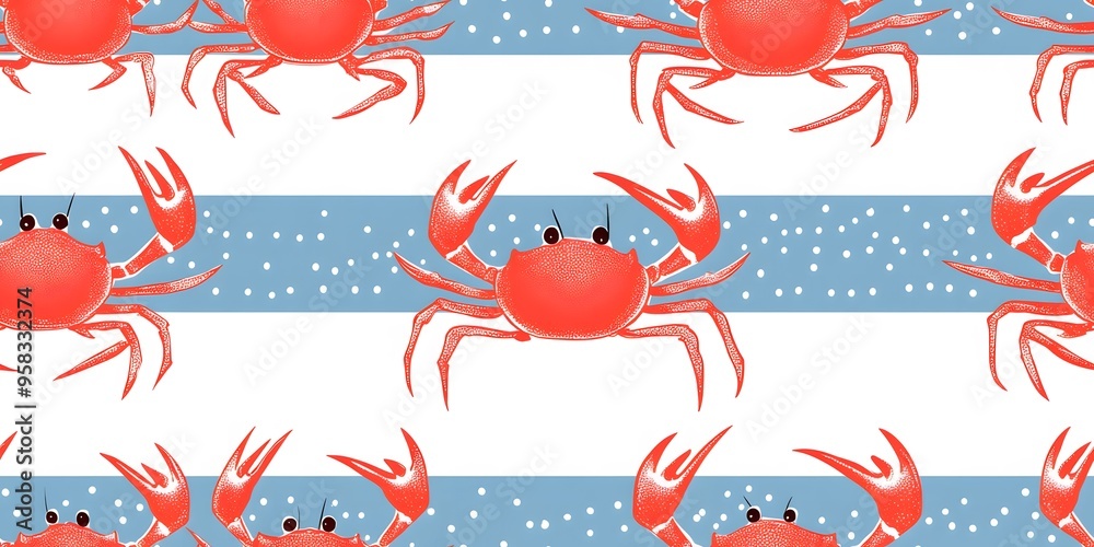 Seamless pattern of red crabs on a background of blue