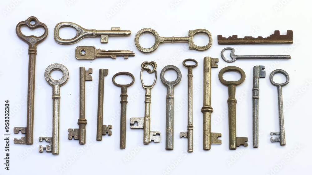 A collection of different sizes and shapes of vintage keys A collection of different sizes and shapes of vintage keys