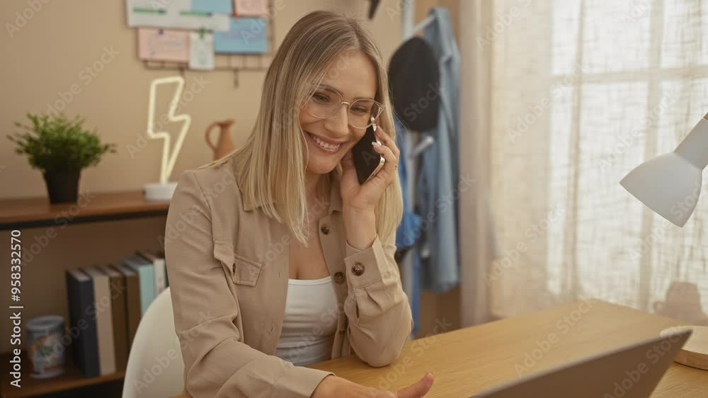 A young blonde woman with glasses smiling and talking on the phone, sitting at a desk with a laptop in a cozy home office with ambient lighting. A young blonde woman with glasses smiling and talking on the phone, sitting at a desk with a laptop in a cozy home office with ambient lighting.