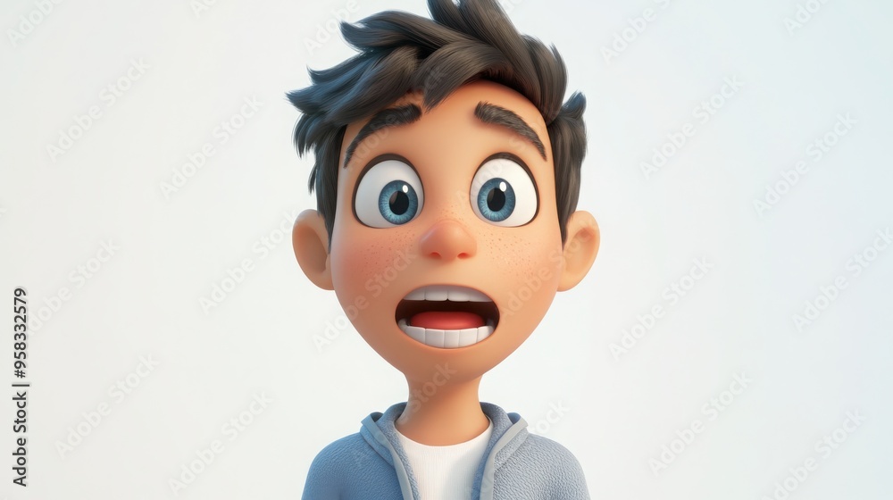 A 3D cartoon character with an expression of awe, mouth slightly open, eyes wide, on a white background A 3D cartoon character with an expression of awe, mouth slightly open, eyes wide, on a white background