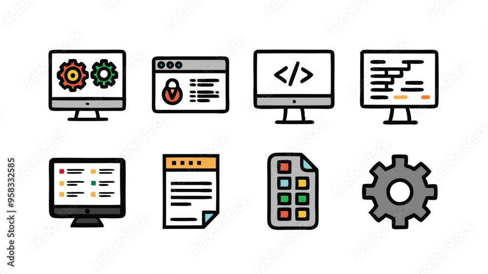 Hand-drawn doodle set of software code icons. Hand-drawn doodle set of software code icons.