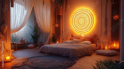 A serene bedroom with soft lighting, plants, and calming decor, perfect for relaxation and tranquility.