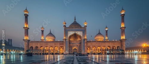 Indian architecture shines at night with white and light blue coloured architecture, golden domes and reflective courtyard creating a mystical atmosphere.