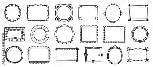 Hand drawn frames. Doodle black simple picture border and label. Sketch vintage outlines oval, square, rectangle grunge ornate photo frame. Vector collection