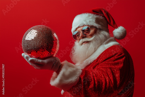 santa in stylish eyeglasses holding party ball. red solid one color background.