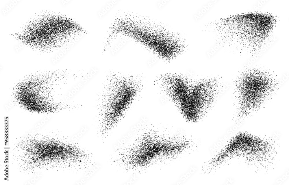 Noise dot grain brush. Vector set of irregularly shaped black dust, sand or particle dispersions, as dense, grainy clusters that gradually dissipate into scattered specks, abstract, textural pattern