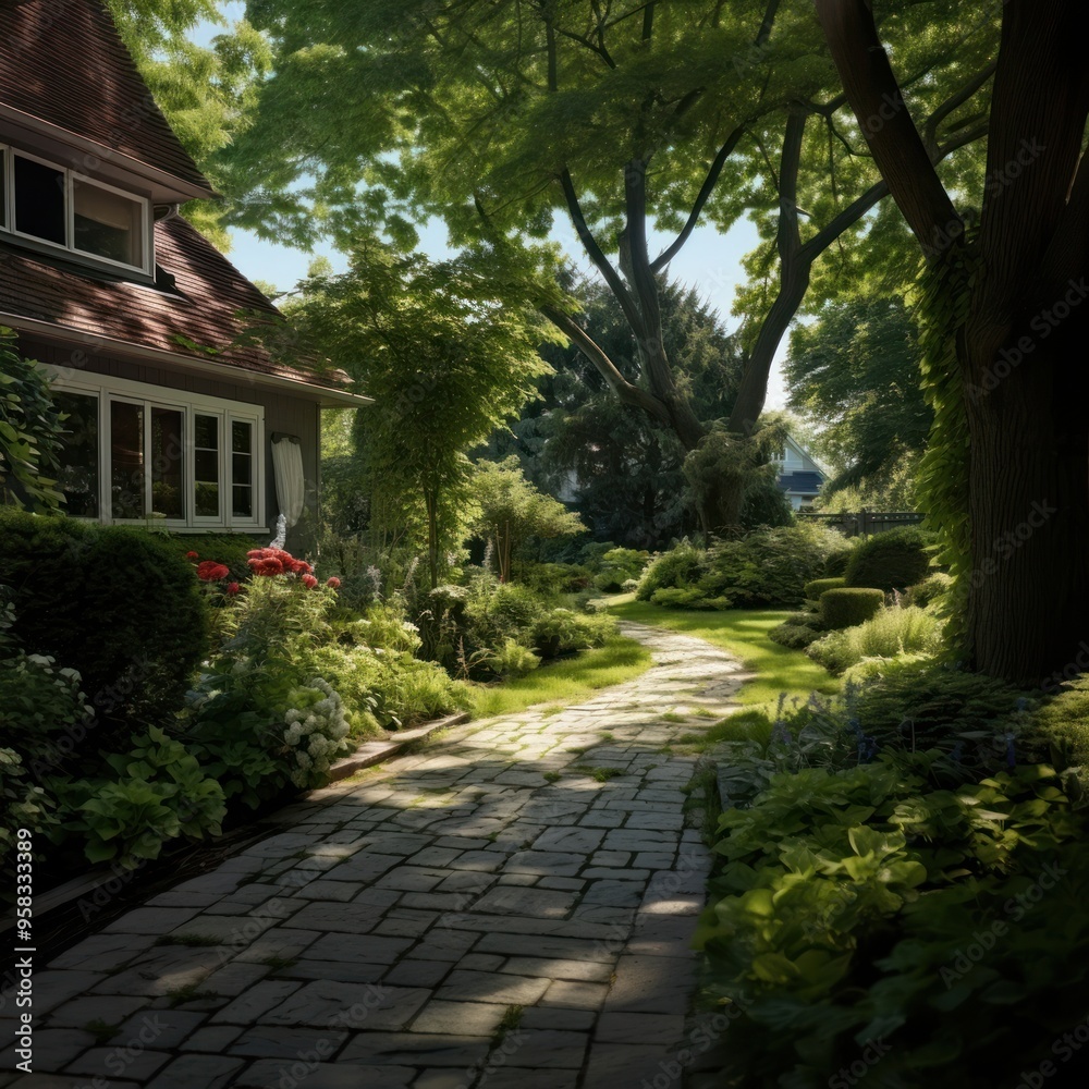 Fototapeta premium Backyard house architecture cobblestone.