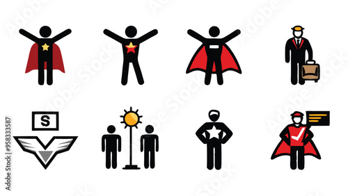 Set of line icons depicting a superhero in various business situations, including wearing a cape, holding a suitcase, and standing with a star.