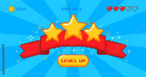 Pixel level up screen. Retro 8 bit video games achievement. Level up badge for arcade win computer game. Banner with stars, ribbon, hearts and level progress. Vector concept.
