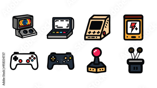 Hand-drawn doodle set of vintage video game consoles, controllers and accessories.