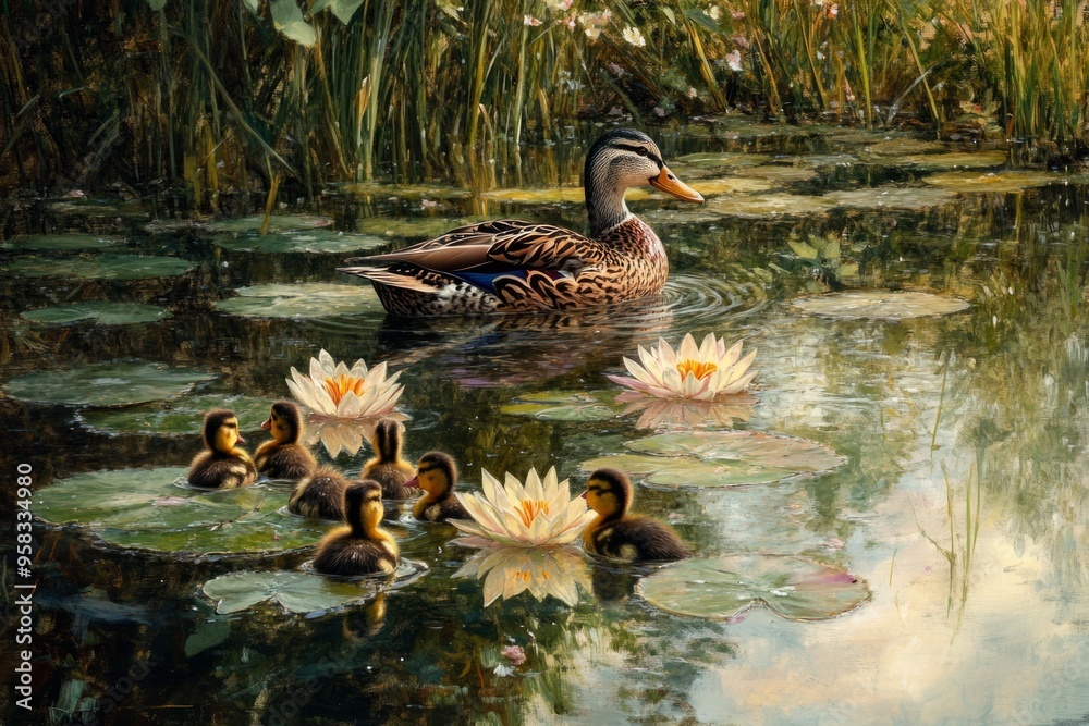 Obraz premium A serene scene features a mother duck swimming gracefully among her ducklings. Beautiful water lilies bloom nearby. Natures harmony unfolds in this delightful setting. Generative AI