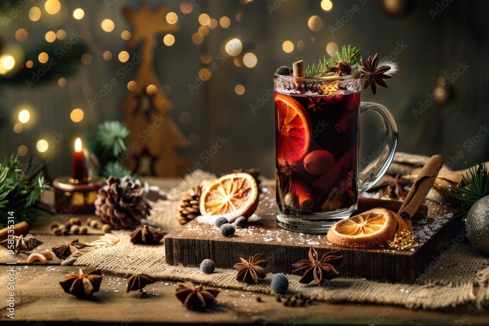 Holiday Mulled Wine in Festive Setting with Spices and Twinkling Lights Holiday Mulled Wine in Festive Setting with Spices and Twinkling Lights
