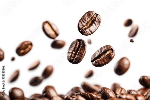 Coffee beans falling in the air isolated on a white background. Coffee beans flying , ai