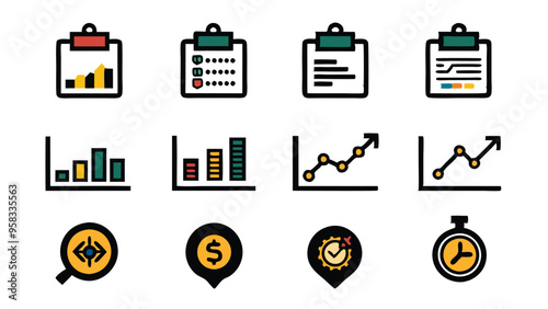 Set of 12 workflow progress roadmap icons for business performance.