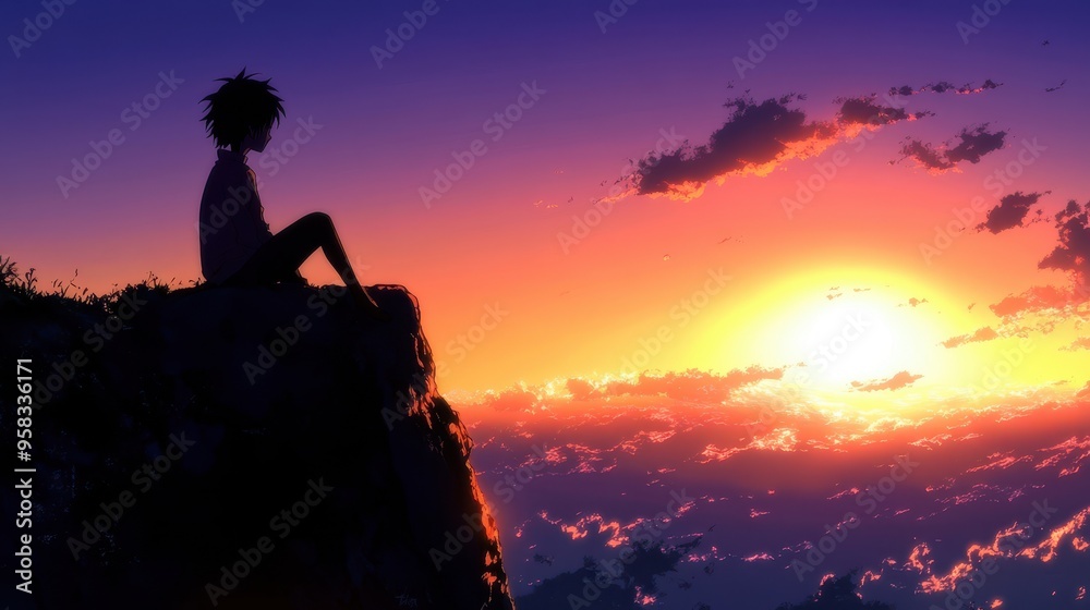Obraz premium A character sits quietly on a rocky edge, lost in thought as they admire a colorful sunset over the horizon