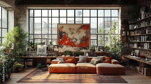 Creative loft living room with a multifunctional design, featuring a large desk for art projects, a cozy seating area with a plush sofa, and large windows that allow natural light to pour in, photo