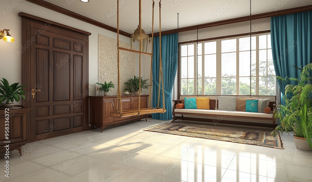 A bright and airy living room with white tiles, blue curtains, wooden furniture, a sofa, a swing in the corner, plants on shelves. Created with Ai A bright and airy living room with white tiles, blue curtains, wooden furniture, a sofa, a swing in the corner, plants on shelves. Created with Ai