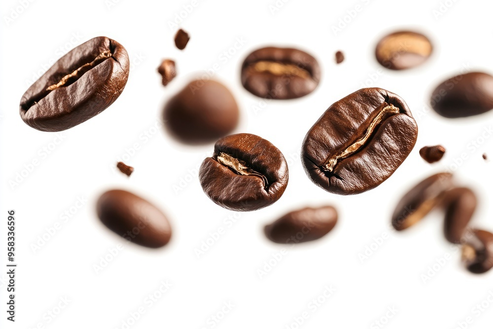 Coffee beans falling in the air isolated on a white background. Coffee beans flying , ai