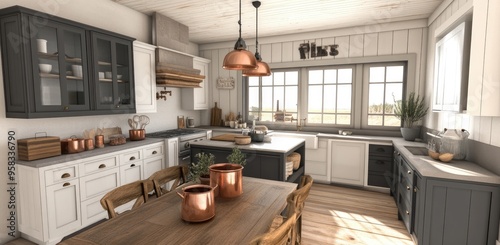  Photo of an American kitchen with a wooden table, copper pots on the counter, and dark gray cabinets.  Created with Ai photo