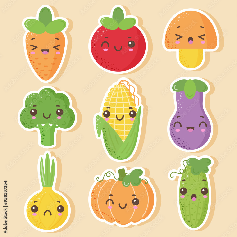 A set of cute vegetable stickers with kawaii eyes in a flat style. A set of cute vegetable stickers with kawaii eyes in a flat style.