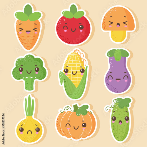 A set of cute vegetable stickers with kawaii eyes in a flat style.	