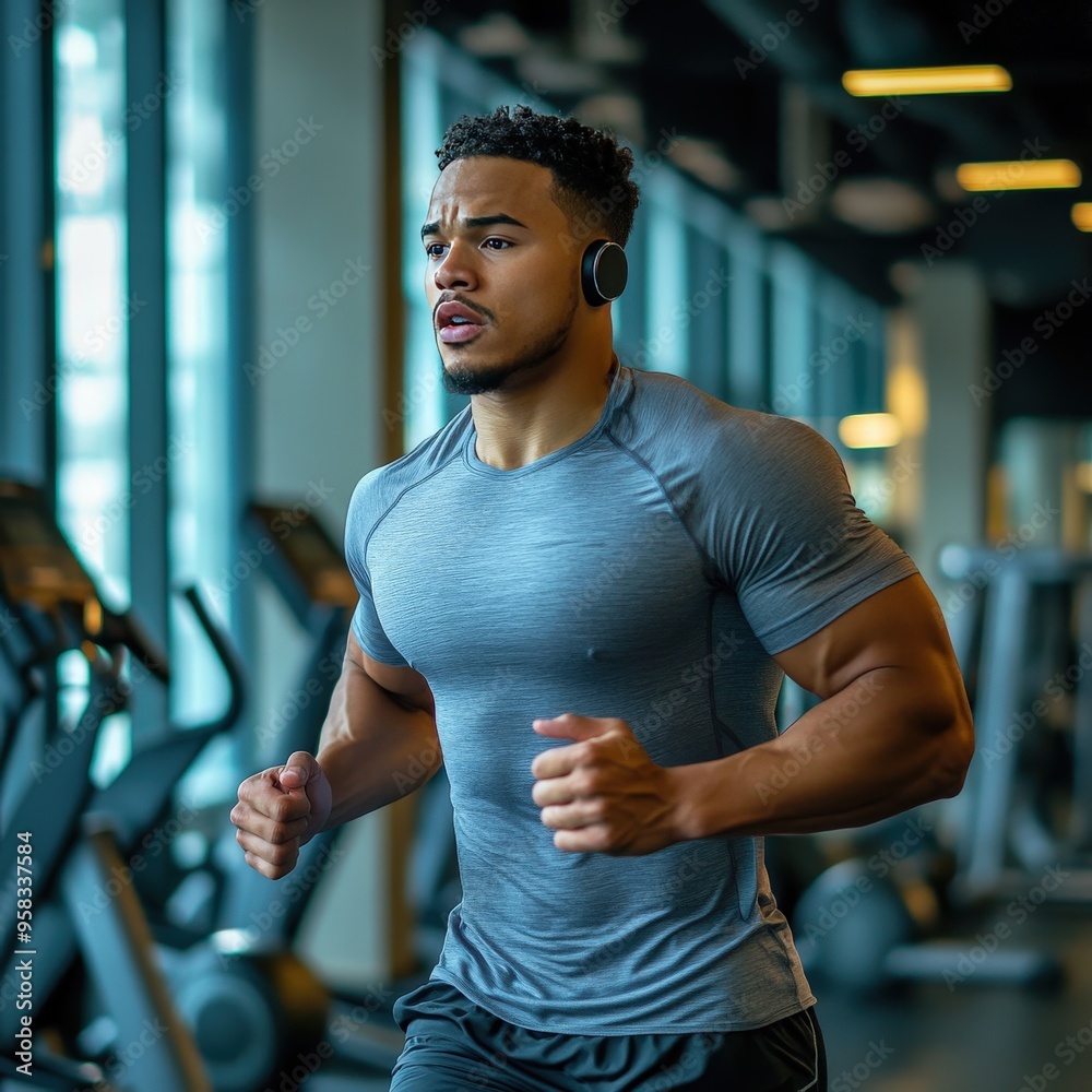Fototapeta premium Athletic man running on treadmill in gym