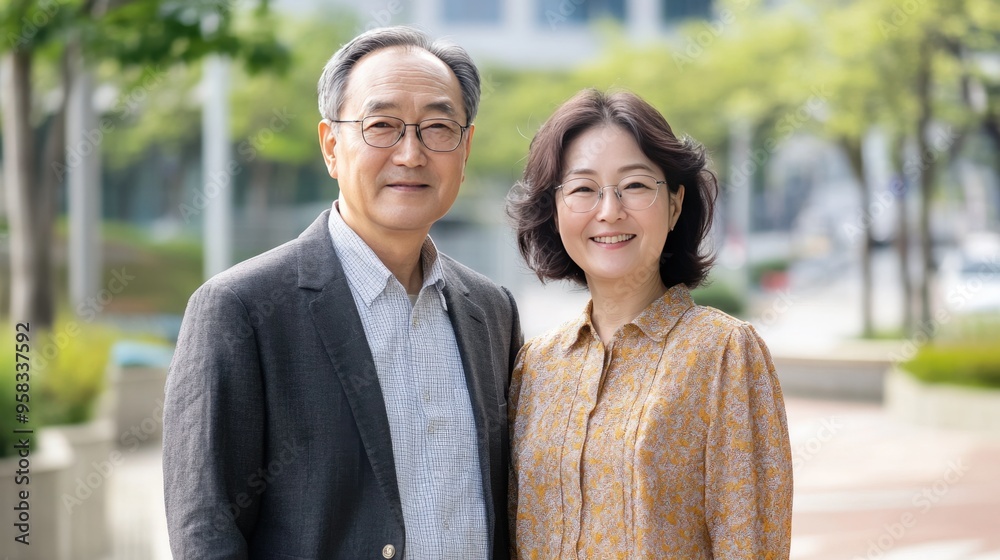 A middle-aged South Korean Asian couple smiling outdoors in a city park A middle-aged South Korean Asian couple smiling outdoors in a city park