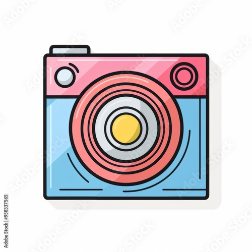 This design features a simple and minimalistic photography lens icon, presented in a flat style with a colorful outline against a bright white backdrop