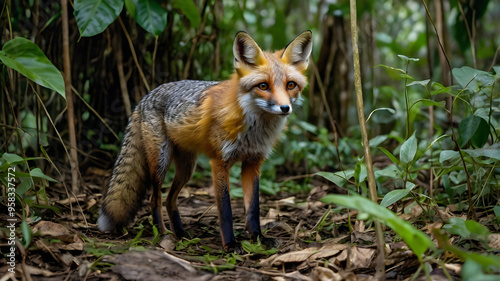 A gray fox is looking to the side