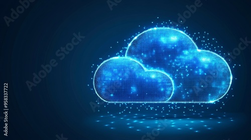 Abstract Glowing Blue Cloud Computing Icon on Dark Background Digital Transformation Concept.