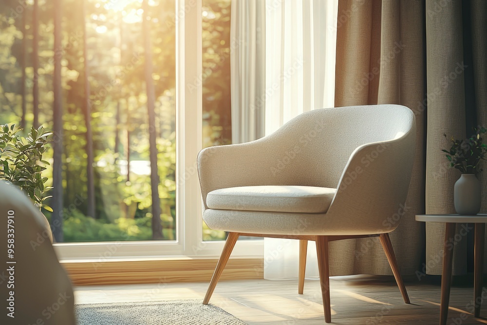 White Armchair by Window with Forest View and Sunlight White Armchair by Window with Forest View and Sunlight