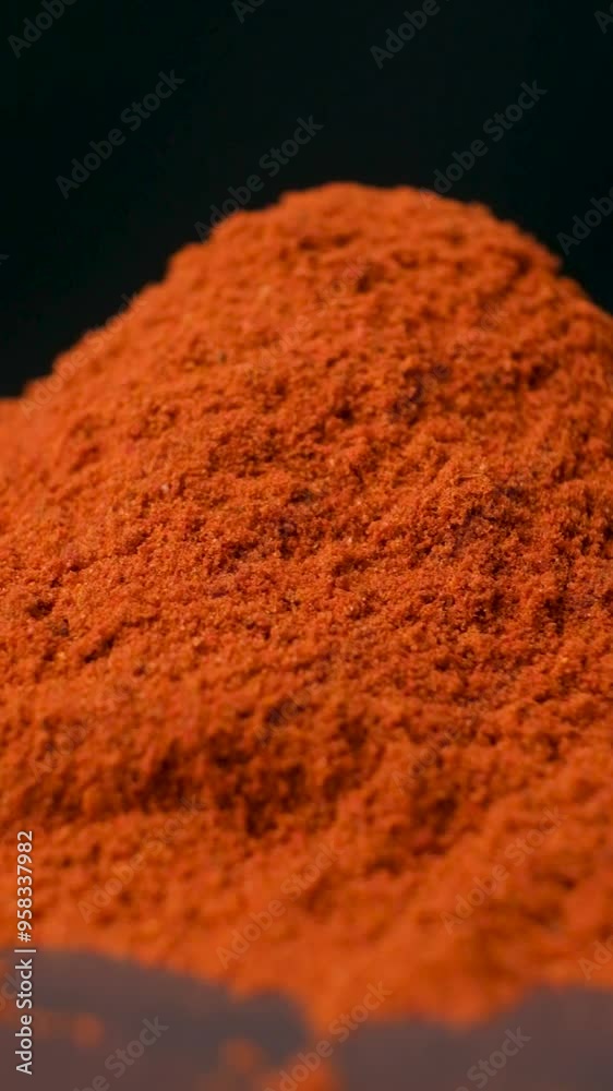Ground paprika is a savory spice vertical rotating on a black background Ground paprika is a savory spice vertical rotating on a black background