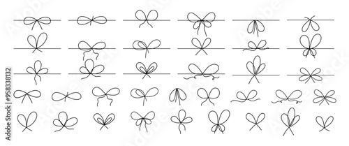 Sketch line bows. Hand drawn ribbon. Doodle simple gift wrap bows. Design elements for invitation, gift wrapping, present box, stationery, web design, branding material, vector set.