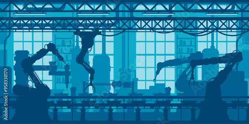 Robot conveyor at machine industry factory, robotic automation technology, vector background. Industrial factory and production line conveyor with robot arms for automated machines manufacture