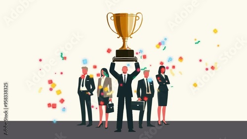 Business leaders raised the victory trophy with management as a sign of mutual success, team success and appreciation for teamwork in achieving business goals