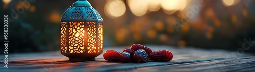 Ornamental Lantern and Dates on Wooden Table - Realistic 3D Image